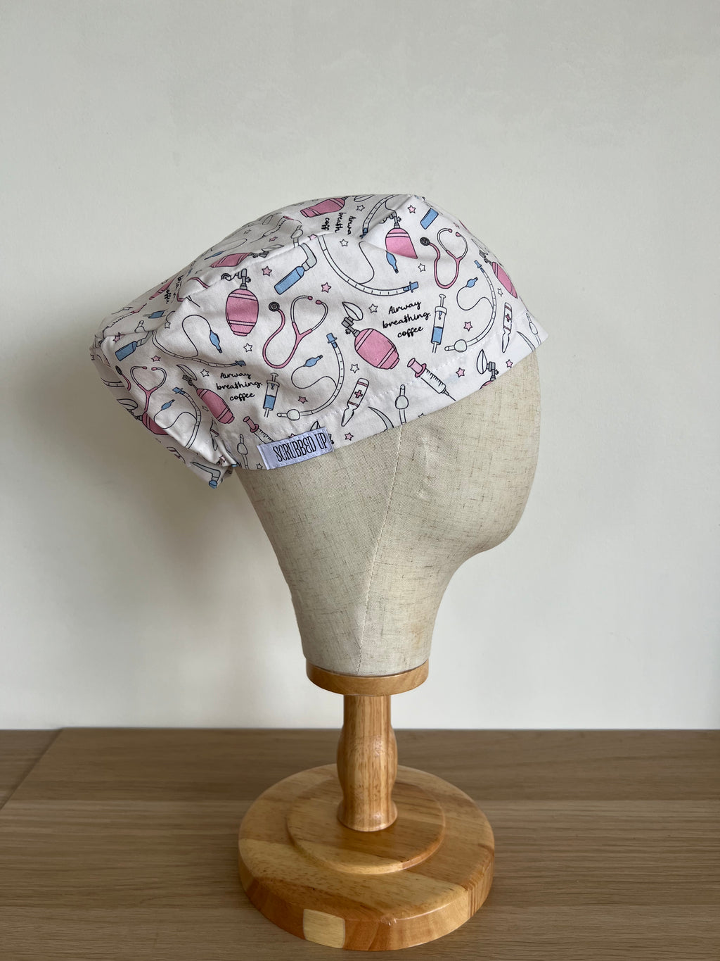 Anaesthesia print scrub cap side view on mannequin