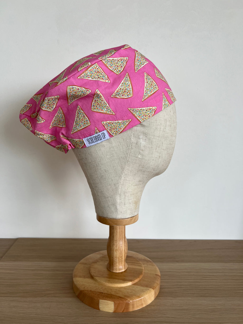 Fairy Bread print scrub cap side view on mannequin