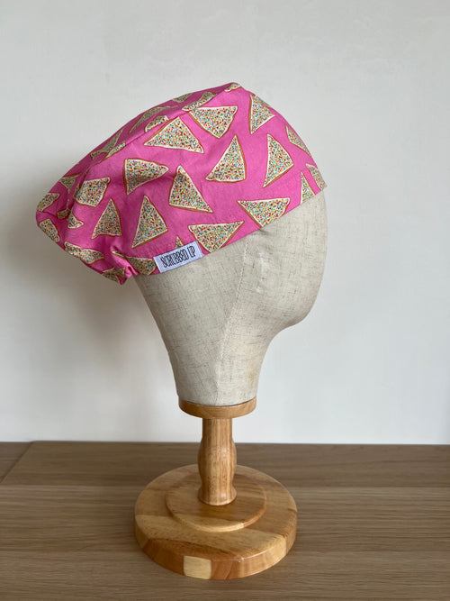 Fairy Bread print scrub cap side view on mannequin