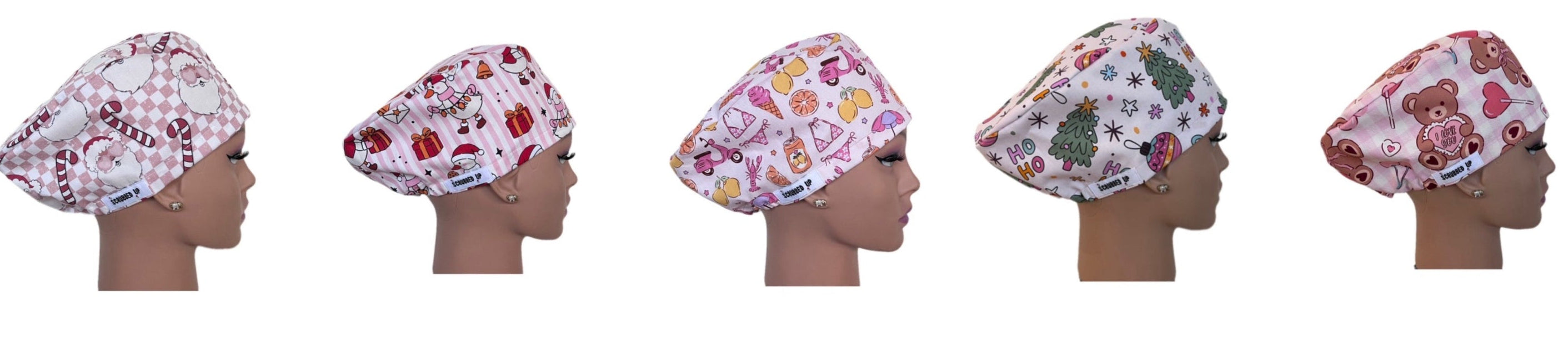 Set of five headbands with various patterns on mannequin heads.